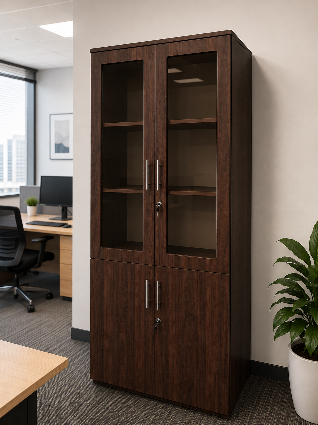 2 Door Filling Cabinet with Glass cut Swing Doors,800 x 400 x 2100H mm -Dark Walnut thumbnail 2