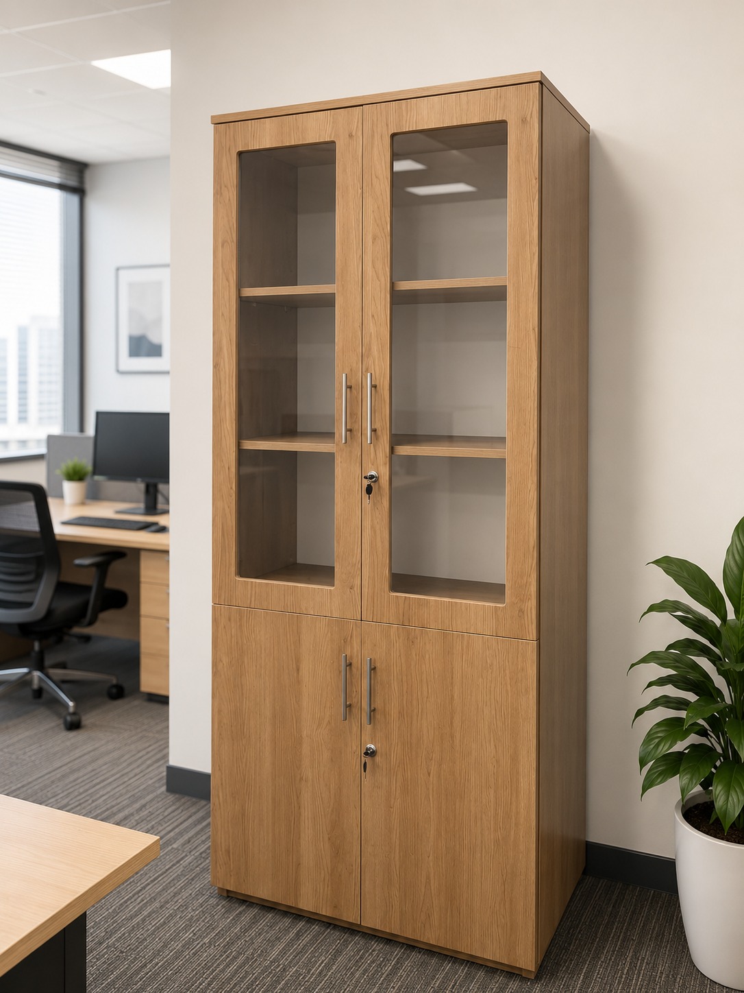 2 Door Filling Cabinet with Glass cut Swing Doors,800 x 400 x 2100H mm -Havard Cherry thumbnail 2